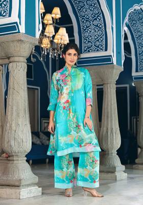 Sea green colour designer printed coord set for trendy fashion looks in muslin fabric 5