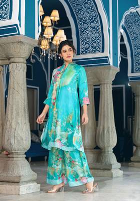 Sea green colour designer printed coord set for trendy fashion looks in muslin fabric 6