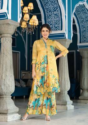 Olive colour designer printed coord set for trendy fashion looks in muslin fabric 1