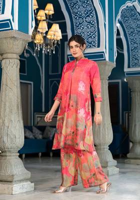 Orange colour designer printed coord set for trendy fashion looks in muslin fabric 5