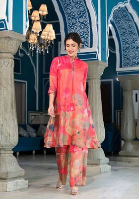 Orange colour designer printed coord set for trendy fashion looks in muslin fabric 6