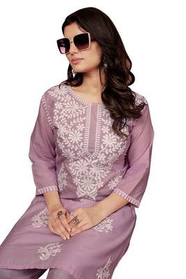 Purple colour ethnic chikankari embroidery work cotton fabric readymade kurta set 5