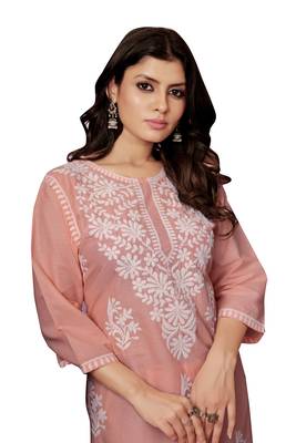 Peach colour ethnic chikankari embroidery work cotton fabric readymade kurta set 5