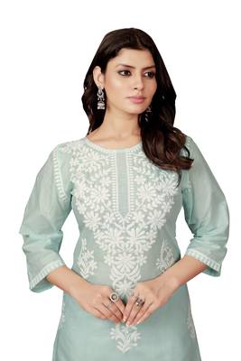 Blue colour ethnic chikankari embroidery work cotton fabric readymade kurta set 4