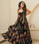 Black colour beautiful girlie rayon fabric partywear long gown for trendy looks wedding ceremony