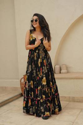 Black colour beautiful rayon partywear long gown for trendy looks wedding ceremony 2