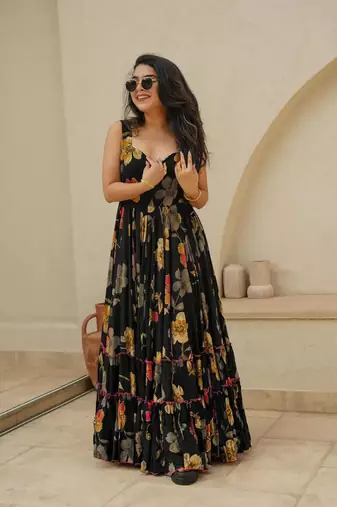 Black colour beautiful rayon partywear long gown for trendy looks wedding ceremony