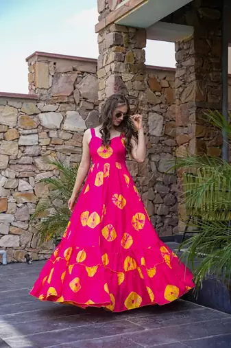 Pink colour beautiful rayon partywear long gown for trendy looks wedding ceremony