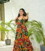 Multi colour beautiful girlie rayon fabric partywear long gown for trendy looks wedding ceremony