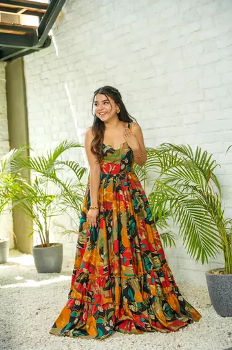 Multi colour beautiful rayon partywear long gown for trendy looks wedding ceremony