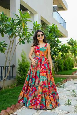 Multi colour beautiful rayon partywear long gown for trendy looks wedding ceremony 1