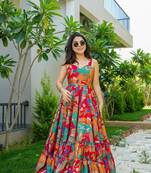 Multi colour beautiful girlie rayon fabric partywear long gown for trendy looks wedding ceremony