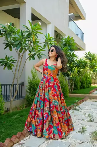 Multi colour beautiful rayon partywear long gown for trendy looks wedding ceremony
