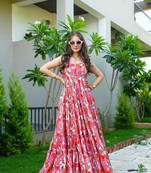 Baby pink colour beautiful girlie rayon fabric partywear long gown for trendy looks wedding ceremony