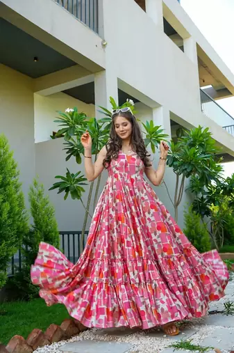 Baby pink colour beautiful rayon partywear long gown for trendy looks wedding ceremony