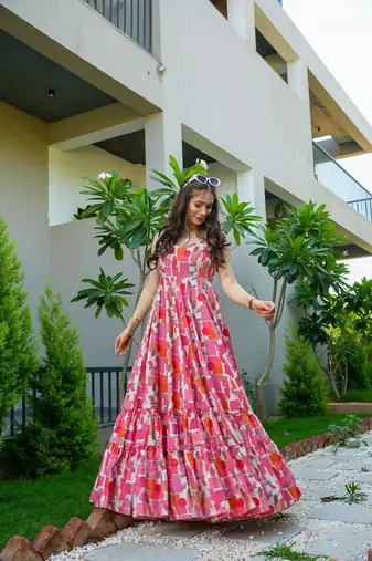 Baby pink colour beautiful rayon partywear long gown for trendy looks wedding ceremony