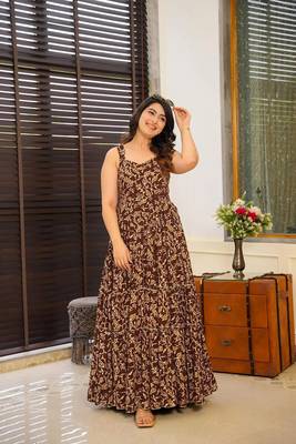 Brown colour beautiful rayon partywear long gown for trendy looks wedding ceremony 1