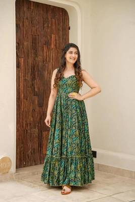 Green colour beautiful rayon partywear long gown for trendy looks wedding ceremony 1