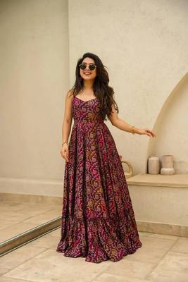 Purple colour beautiful rayon partywear long gown for trendy looks wedding ceremony 1