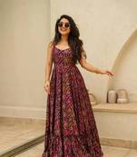 Purple colour beautiful girlie rayon fabric partywear long gown for trendy looks wedding ceremony