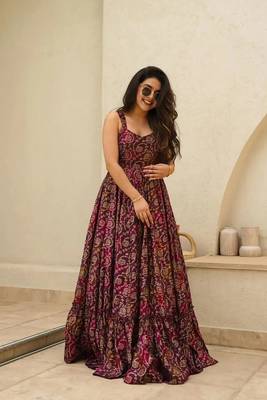 Purple colour beautiful rayon partywear long gown for trendy looks wedding ceremony 2