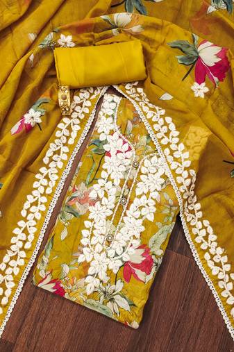 Mustered color embroidered work heavy organza unstitched dress material