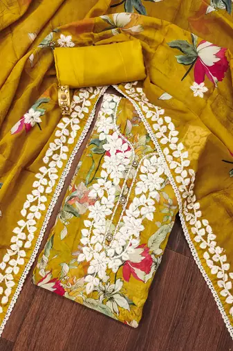 Mustered color embroidered work heavy organza unstitched dress material
