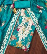 Sky blue color embroidered work heavy organza unstitched dress material