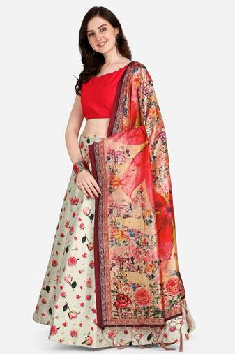 Red Colour Beautiful Girlie Floral Print Wedding Wear Satin Silk Lehenga Choli For Stylish Girls