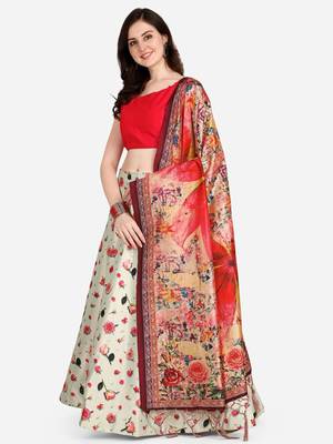 Red Colour Beautiful Girlie Floral Print Wedding Wear Satin Silk Lehenga Choli For Stylish Girls 4