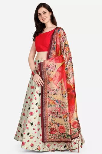 Red Colour Beautiful Girlie Floral Print Wedding Wear Satin Silk Lehenga Choli For Stylish Girls