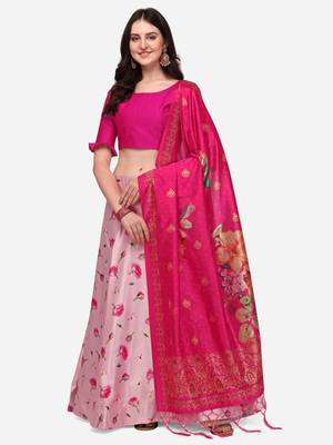 Pink Colour Beautiful Girlie Floral Print Wedding Wear Satin Silk Lehenga Choli For Stylish Girls 1