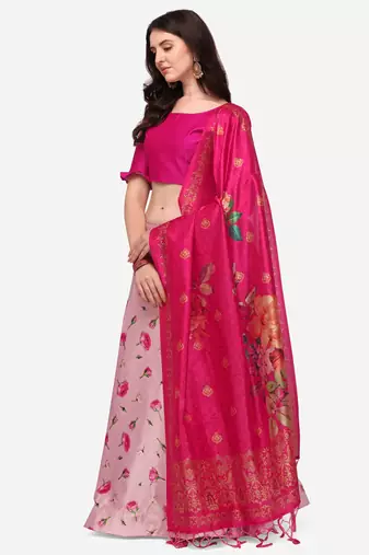 Pink Colour Beautiful Girlie Floral Print Wedding Wear Satin Silk Lehenga Choli For Stylish Girls