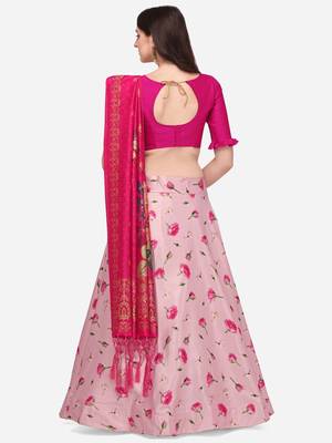 Pink Colour Beautiful Girlie Floral Print Wedding Wear Satin Silk Lehenga Choli For Stylish Girls 3