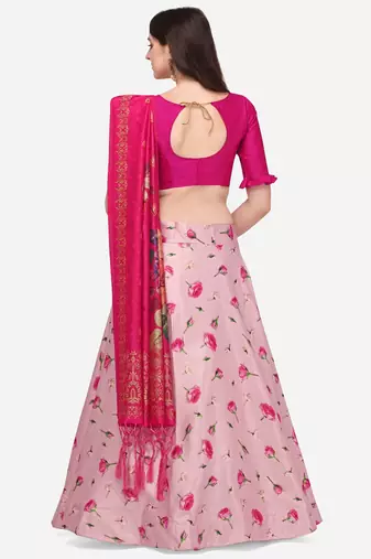 Pink Colour Beautiful Girlie Floral Print Wedding Wear Satin Silk Lehenga Choli For Stylish Girls