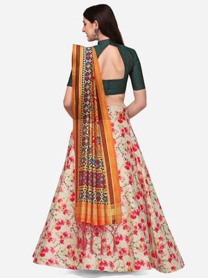 Green Colour Beautiful Girlie Floral Print Wedding Wear Satin Silk Lehenga Choli For Stylish Girls 3