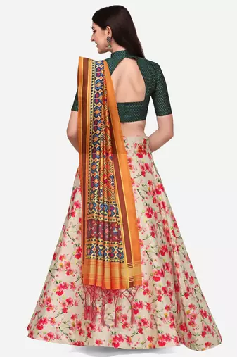Green Colour Beautiful Girlie Floral Print Wedding Wear Satin Silk Lehenga Choli For Stylish Girls