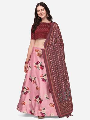 Maroon Colour Beautiful Girlie Floral Print Wedding Wear Satin Silk Lehenga Choli For Stylish Girls 1