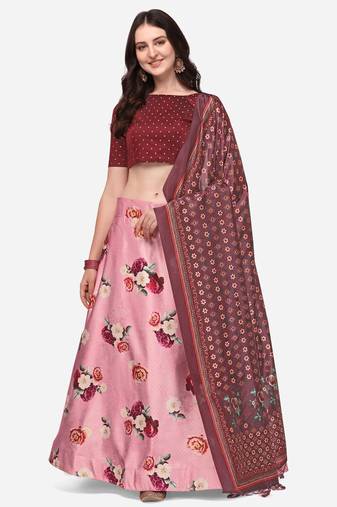 Maroon Colour Beautiful Girlie Floral Print Wedding Wear Satin Silk Lehenga Choli For Stylish Girls
