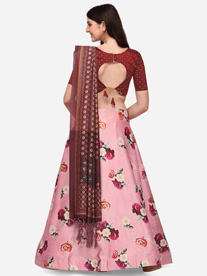 Maroon Colour Beautiful Girlie Floral Print Wedding Wear Satin Silk Lehenga Choli For Stylish Girls 2