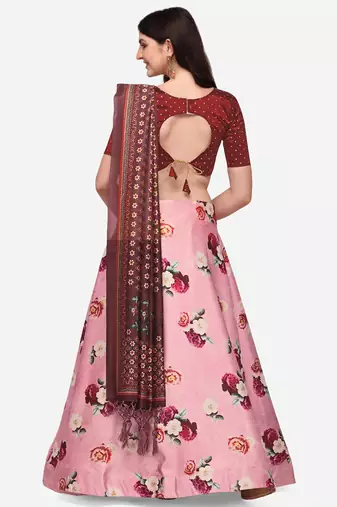 Maroon Colour Beautiful Girlie Floral Print Wedding Wear Satin Silk Lehenga Choli For Stylish Girls