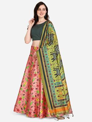 Dark Green Colour Beautiful Girlie Floral Print Wedding Wear Satin Silk Lehenga Choli For Stylish Girls 1