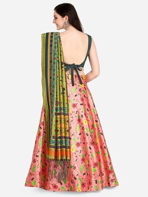 Dark Green Colour Beautiful Girlie Floral Print Wedding Wear Satin Silk Lehenga Choli For Stylish Girls 2
