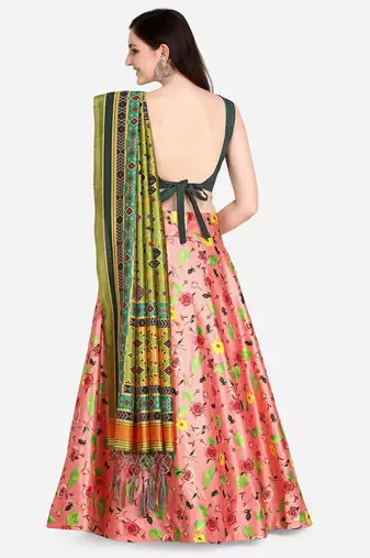 Dark Green Colour Beautiful Girlie Floral Print Wedding Wear Satin Silk Lehenga Choli For Stylish Girls