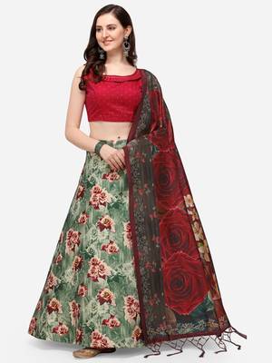 Red Colour Beautiful Girlie Floral Print Wedding Wear Satin Silk Lehenga Choli For Stylish Girls 1