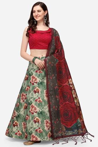Red Colour Beautiful Girlie Floral Print Wedding Wear Satin Silk Lehenga Choli For Stylish Girls