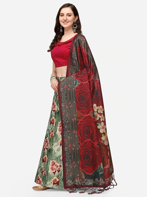 Red Colour Beautiful Girlie Floral Print Wedding Wear Satin Silk Lehenga Choli For Stylish Girls 2