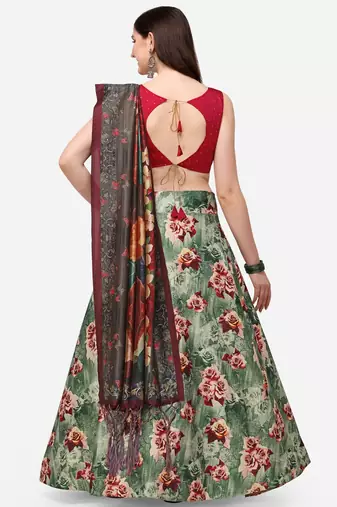Red Colour Beautiful Girlie Floral Print Wedding Wear Satin Silk Lehenga Choli For Stylish Girls