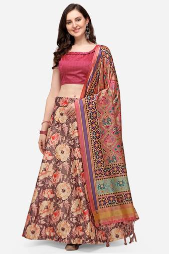 Pink Colour Beautiful Girlie Floral Print Wedding Wear Satin Silk Lehenga Choli For Stylish Girls