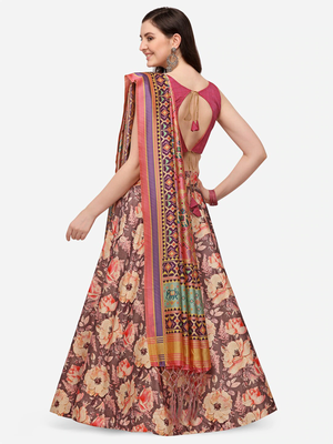 Pink Colour Beautiful Girlie Floral Print Wedding Wear Satin Silk Lehenga Choli For Stylish Girls 2